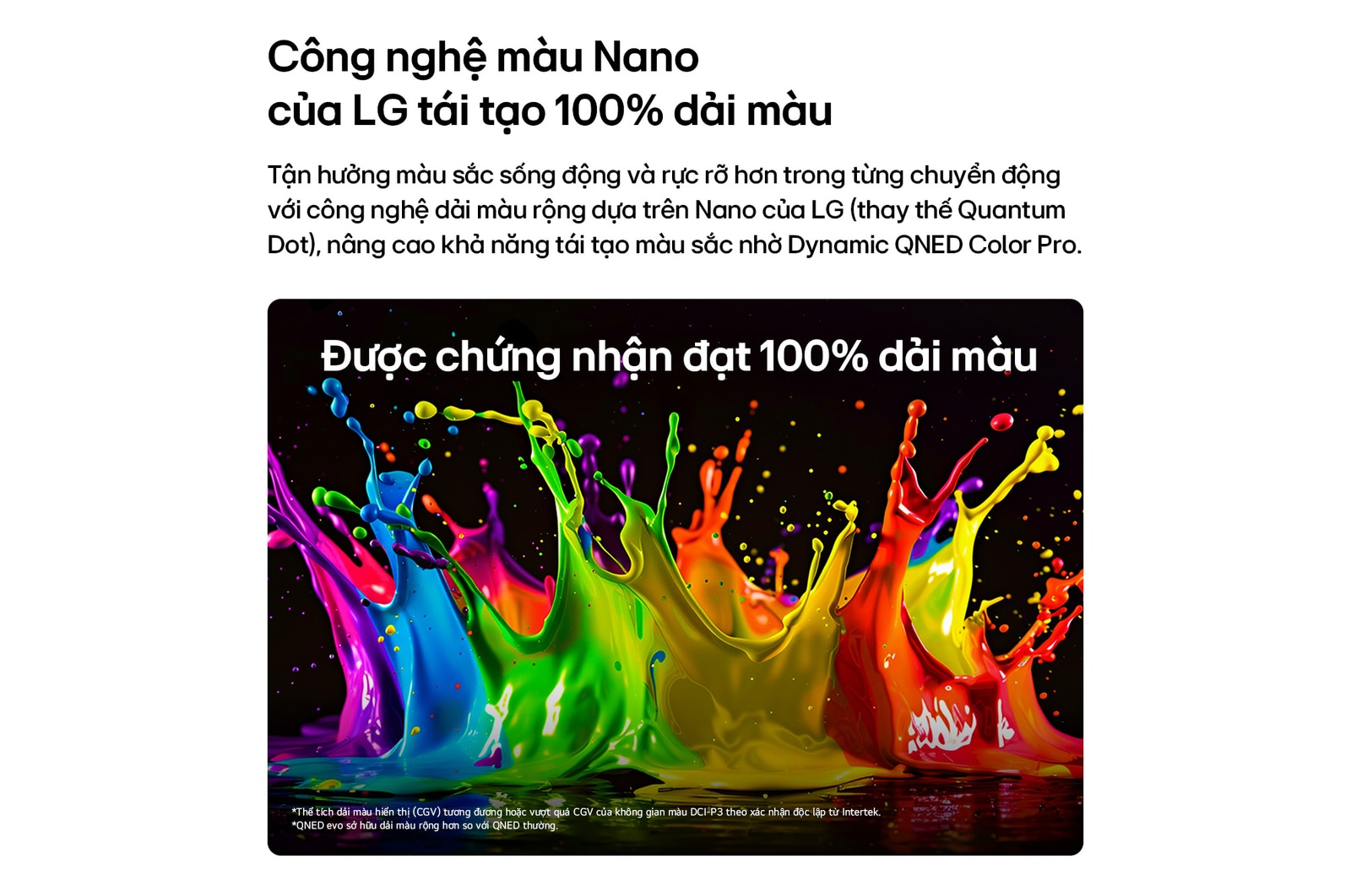 LG QNED evo AI QNED82 Mini LED with Dynamic QNED Color Pro fills the screen with vivid, fluid bursts of multicolored, paint-like motion, showcasing enhanced color vibrancy certified for 100% Color Volume.
